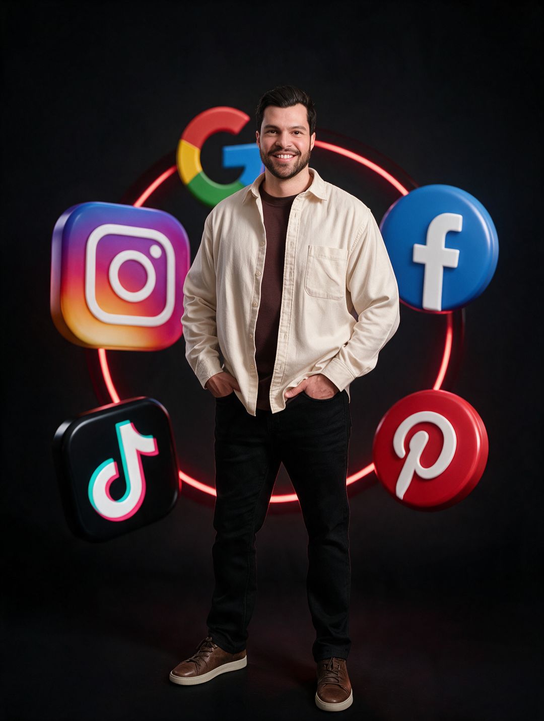 Murilo T., founder of Rank My Business Today, surrounded by Google, Facebook, Instagram, TikTok and Pinterest icons